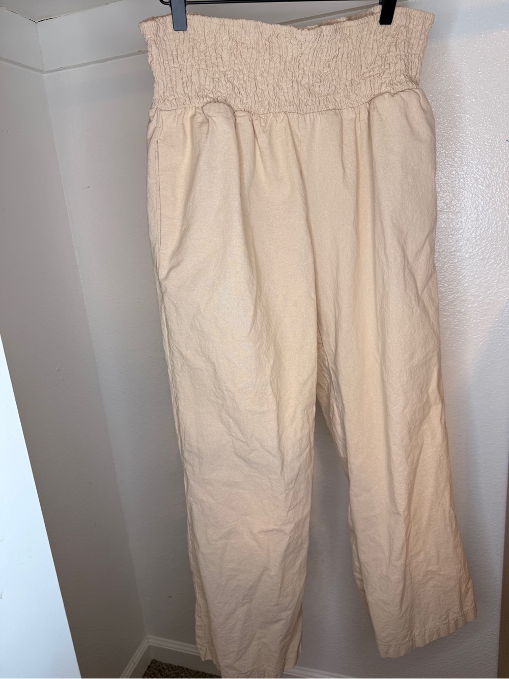 Smocked Waist Wide-Leg Linen Blend Pants - Cream XXL